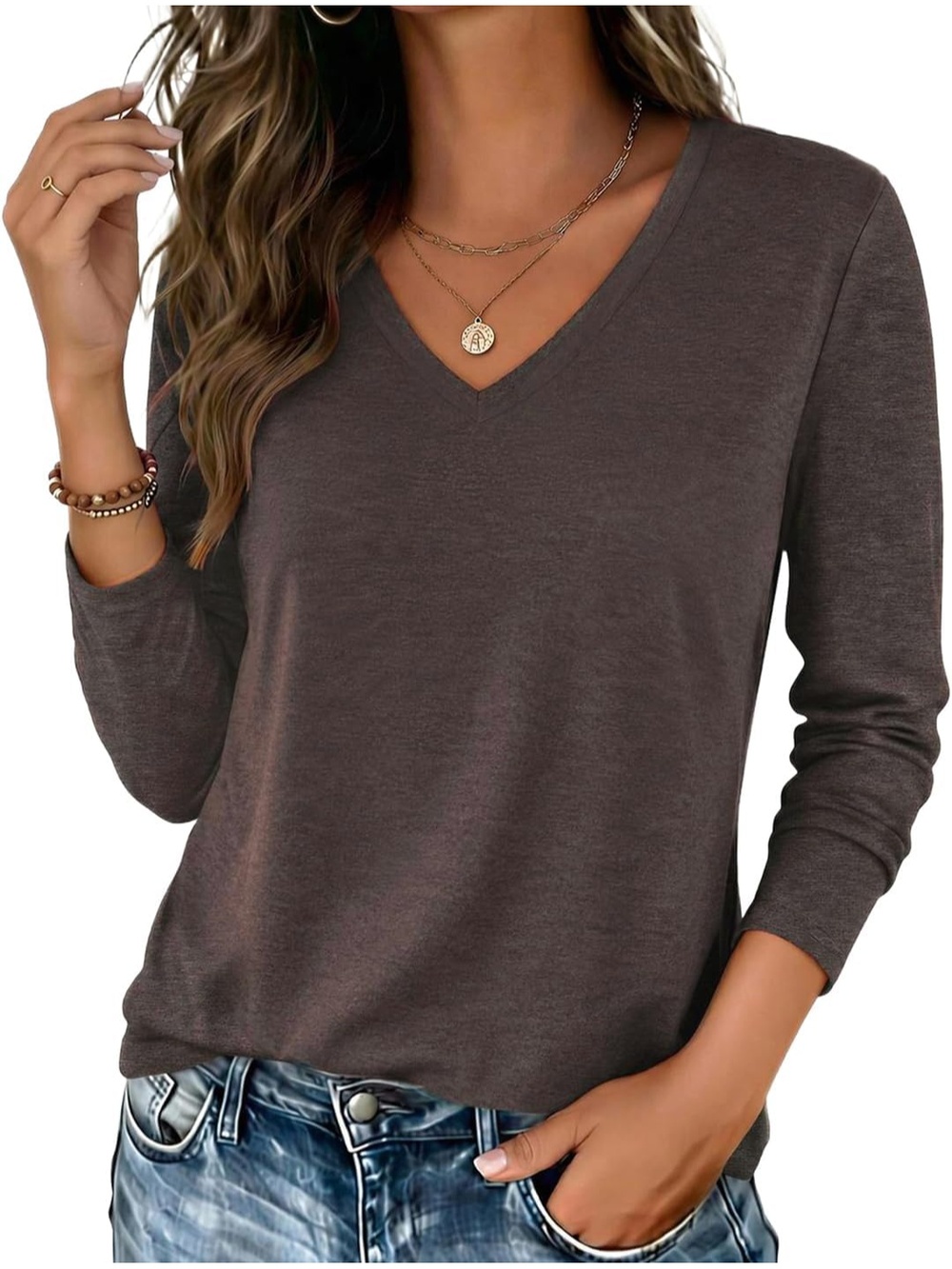 Women's Chocolate Brown V Neck Long Sleeve Basic Tee Fall Outfits Printed Tops